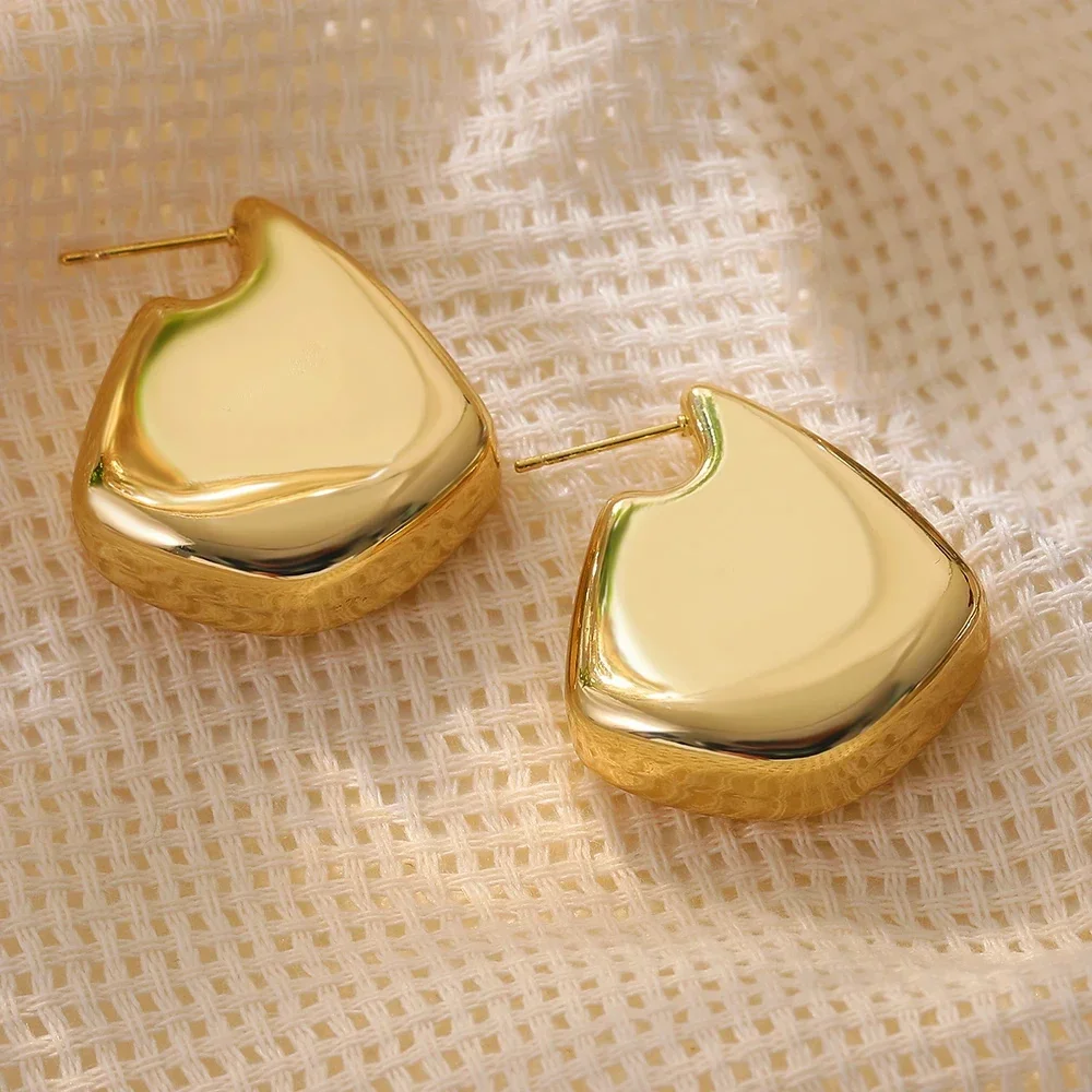 Vintage Smooth Stainless Steel Gold Plated Chunky Hoop Earrings for Women Geometric Thick Statement Drop Earring Party Jewelry