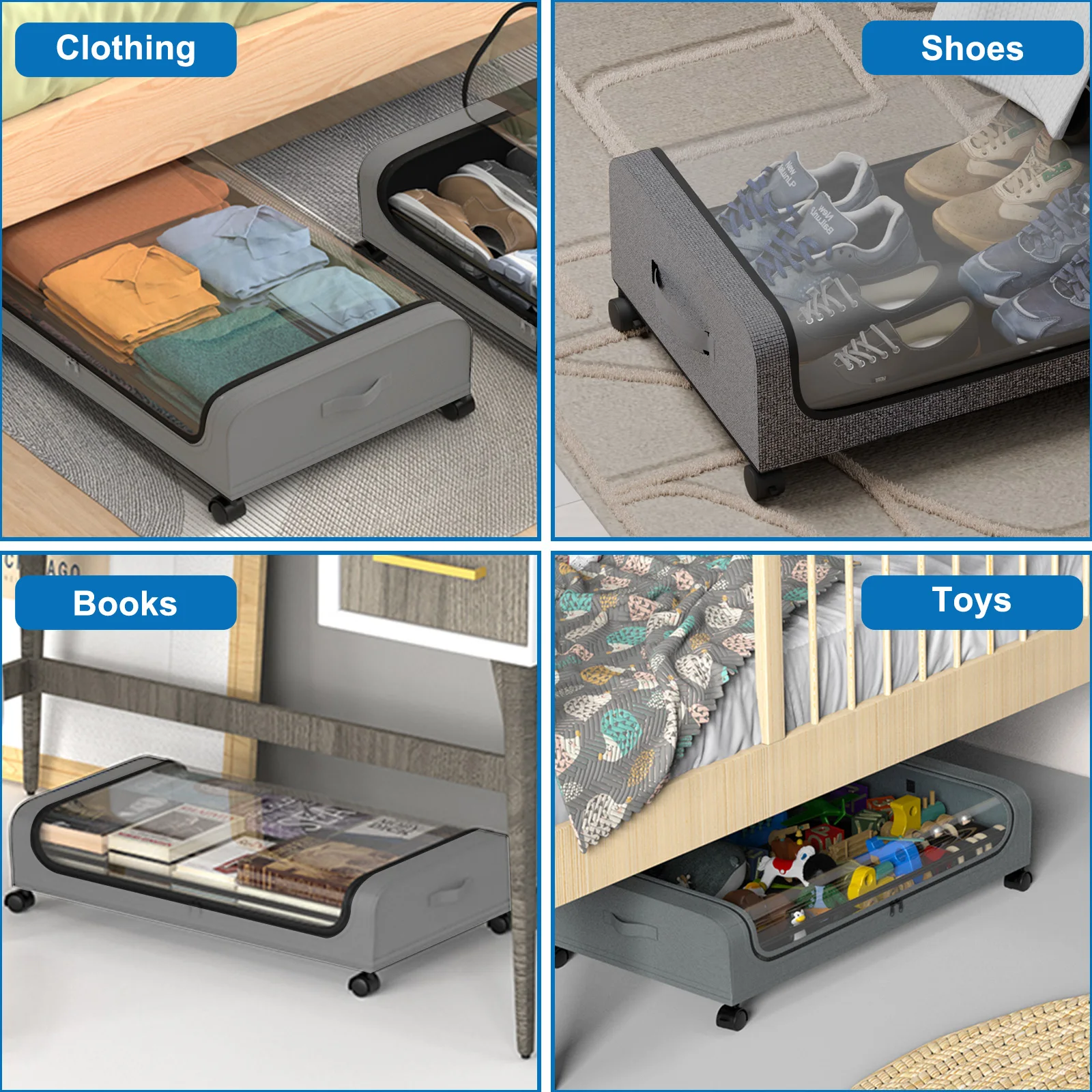 صندوق تخزين سرير مكون من قطعتين مع عجلات، صندوق تخزين متدحرج ذو سعة كبيرة مع نافذة شفافة ومقابض لألعاب الملابس والأحذية