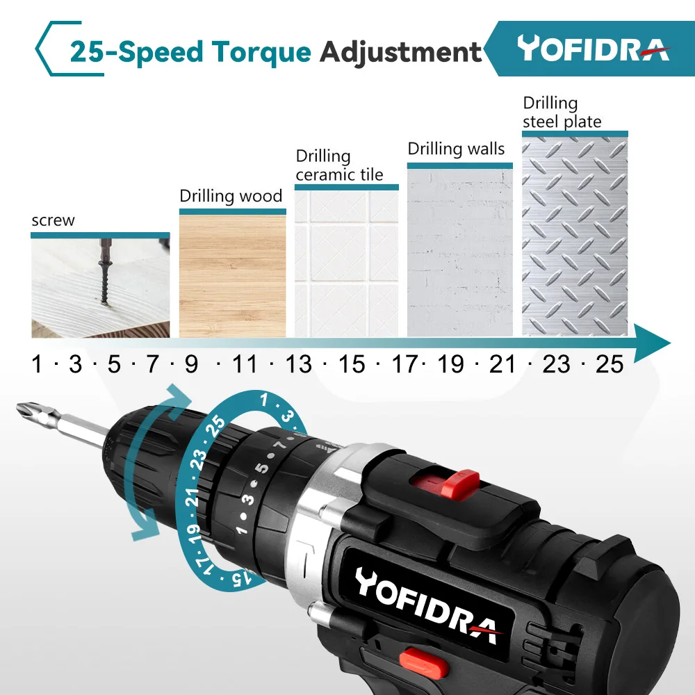 Furadeira de Impacto Elétrica Sem Fio, Chave De Fenda De Alta Qualidade, 25 + 3 Torque Suit, Ferramenta Elétrica DIY, 3 em 1 Bateria, Motor Escova