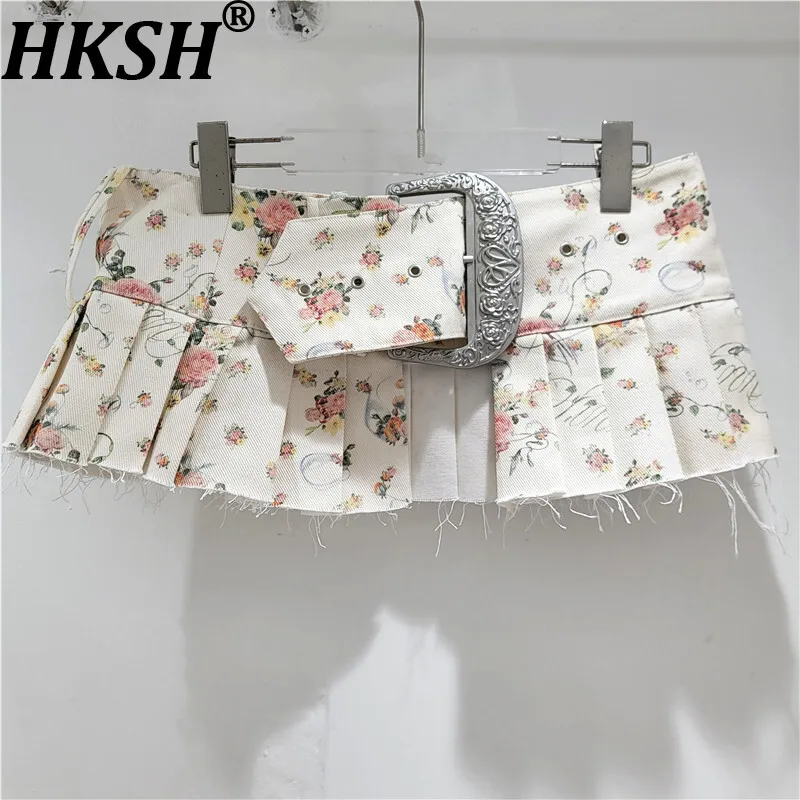 

HKSH Новая летняя женская мини-юбка с цветочным принтом на поясе, плиссированная уличная одежда в американском стиле ретро, стильные шикарные короткие юбки Y2K HK8212