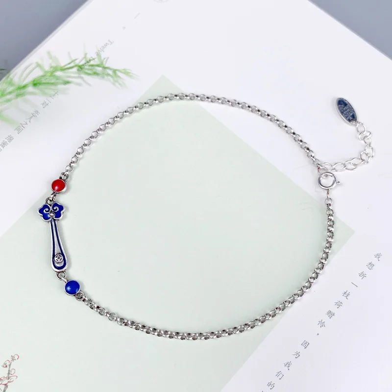 Chinese Style 925 Sterling Silver Foot Chain for Women Ethnic Simple Enamel Colorful Ruyi Shape Anklet Original Design Jewelry