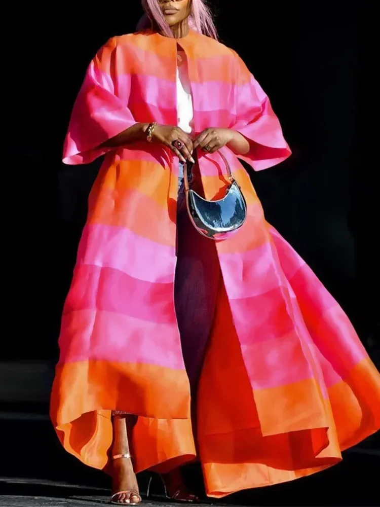 

Women's Contrast Color Oversized Long Jacket Autumn Half Sleeves Casual Elegant Party Evening Maxi Outerwear Trench Coats