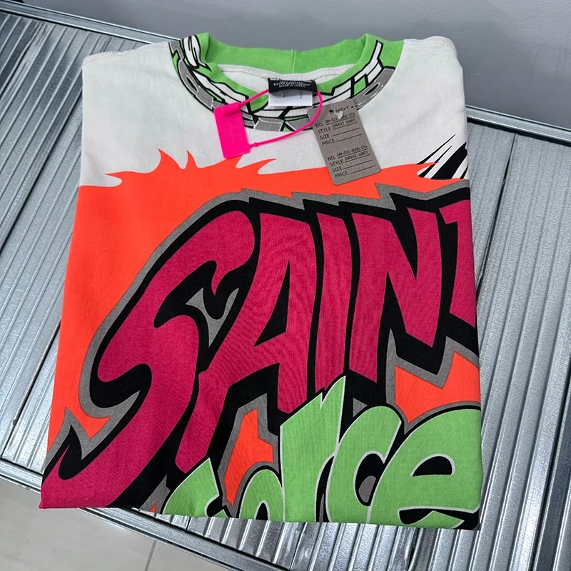 Summer Hiphop Street Men Women Tops Saint Tshirt Cotton Colorful Graffiti Racing Car Round Neck Short Sleeve Casual Loose Outfit