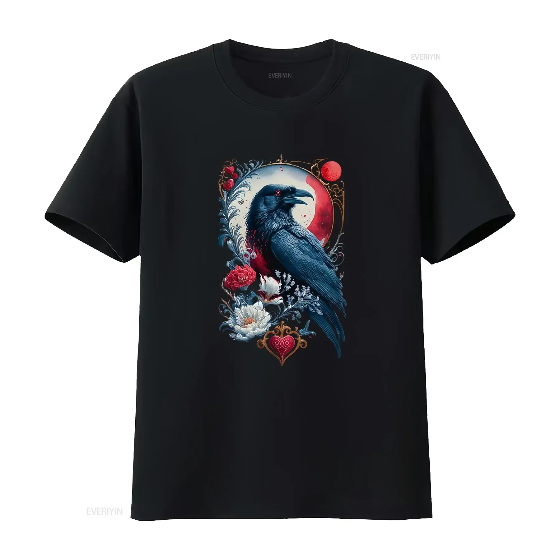 Raven Gothic T Shirt Mystical Dark Art Design with Moon and Floral Accents Nevermore Edgar Allan Poe Alt Apparel vintage
