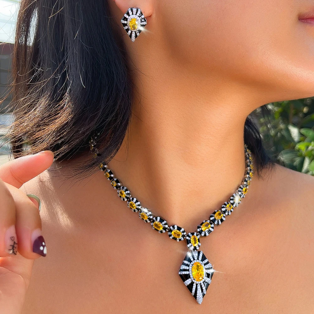 Pera Elegant Big Yellow Oval CZ Jewelry Sets Black Enamel Rhombus Necklace Earrings for Women Prom Engagement Luxury Gift J087