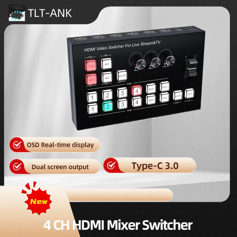 4K Video Switcher 4 Channel HDMI Multi Camera Streaming Live Production Video Mixer Switcher Broadcasting Station Type C Record