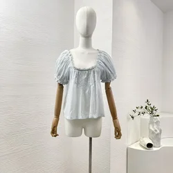 Sky Blue 2024 Puff Sleeve Women Sweet All-matching Folds Lace Patchwork High Quality Summer Cotton Blouse Tops