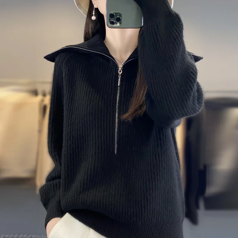 New women's 100% pure wool sweater with zipper and pullover, thickened cashmere sweater