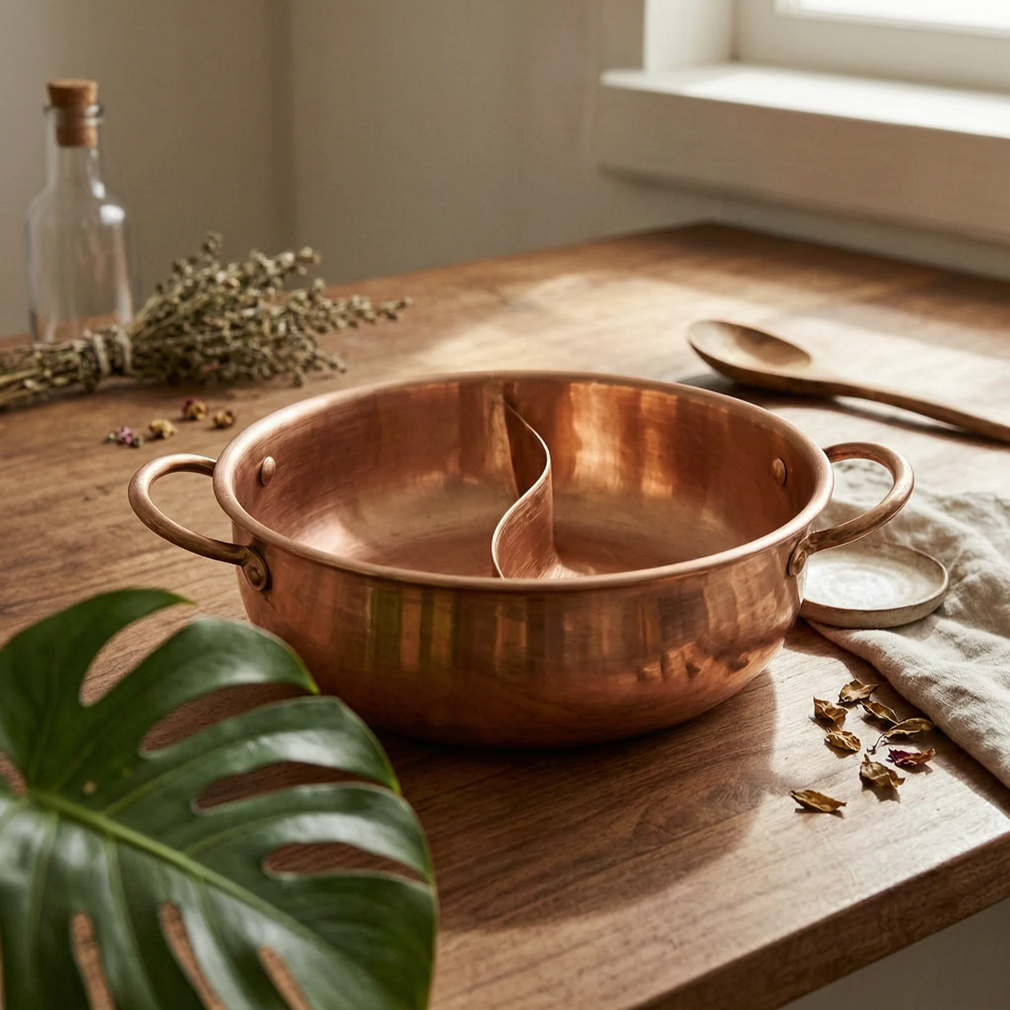 Drum-shaped Copper Divided Hotpot Induction Compatible Split Pot with Handles Cookware for Gourmet Gatherings