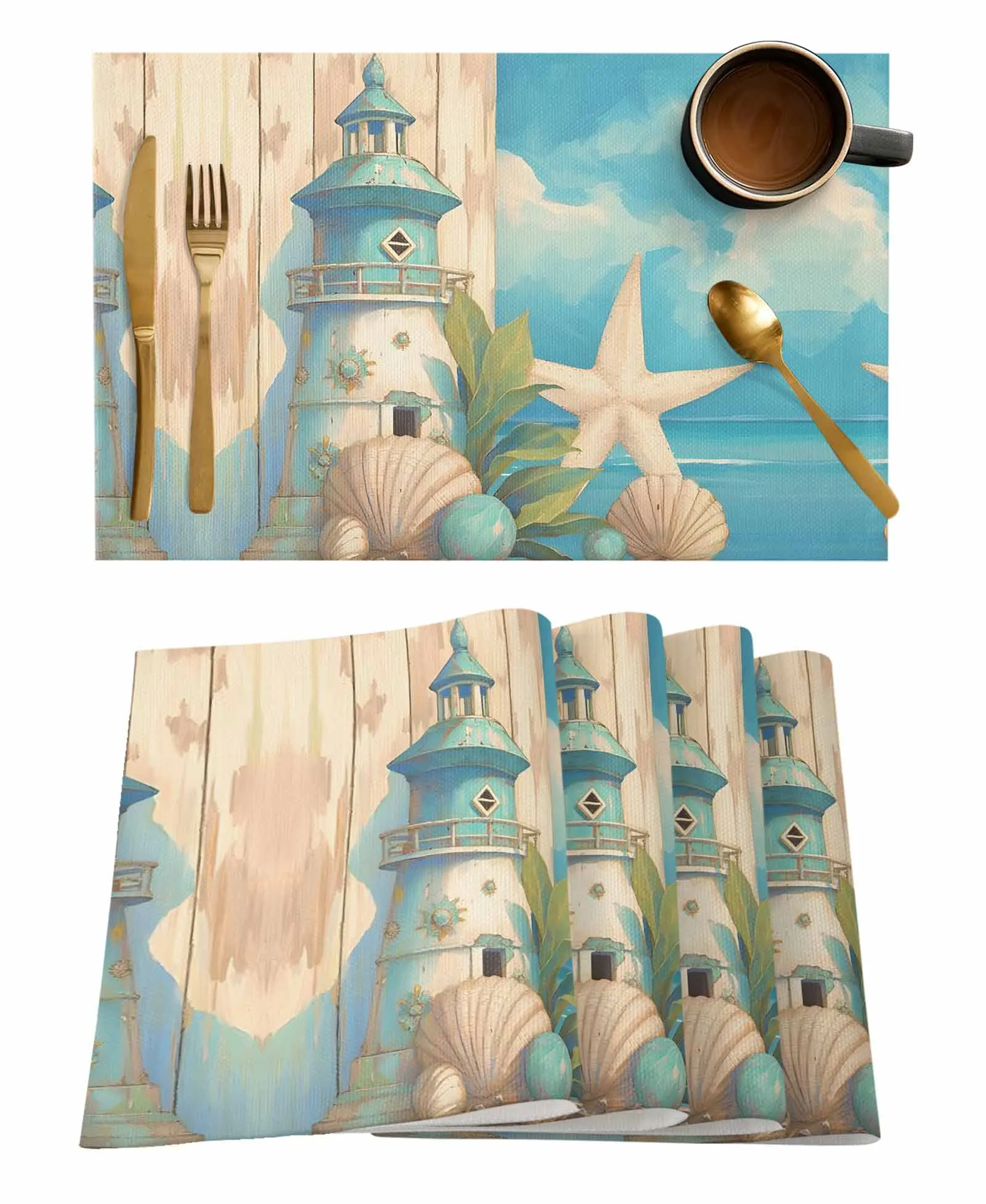 Summer Ocean Lighthouse Starfish Shell Table Mat Wedding Holiday Party Dining Table Placemat Kitchen Accessories Table Napkin