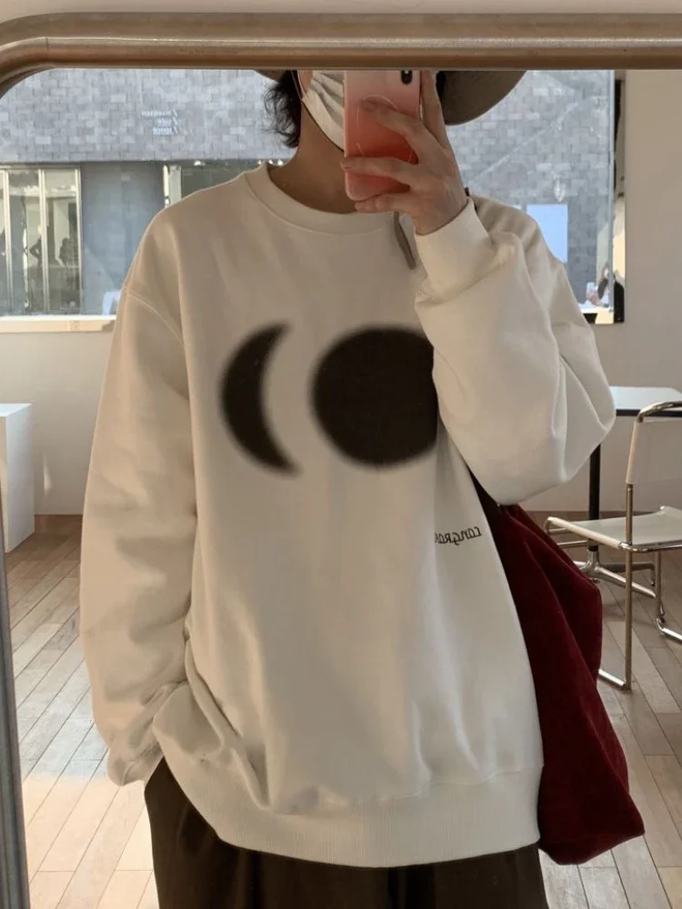 

S-3XL Loose Sweatshirts Women Leisure BF Unisex Couple Streetwear Sun&Moon Printed Students Thicken Plus-velvet Warm Winter Ins