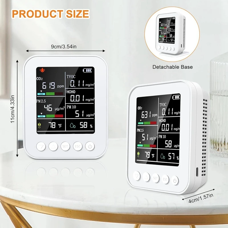 Monitor intelligente della qualità dell'aria 7 in 1 con PM2.5, rilevatore di CO2 con allarme, sensori di temperatura e umidità, display a LED