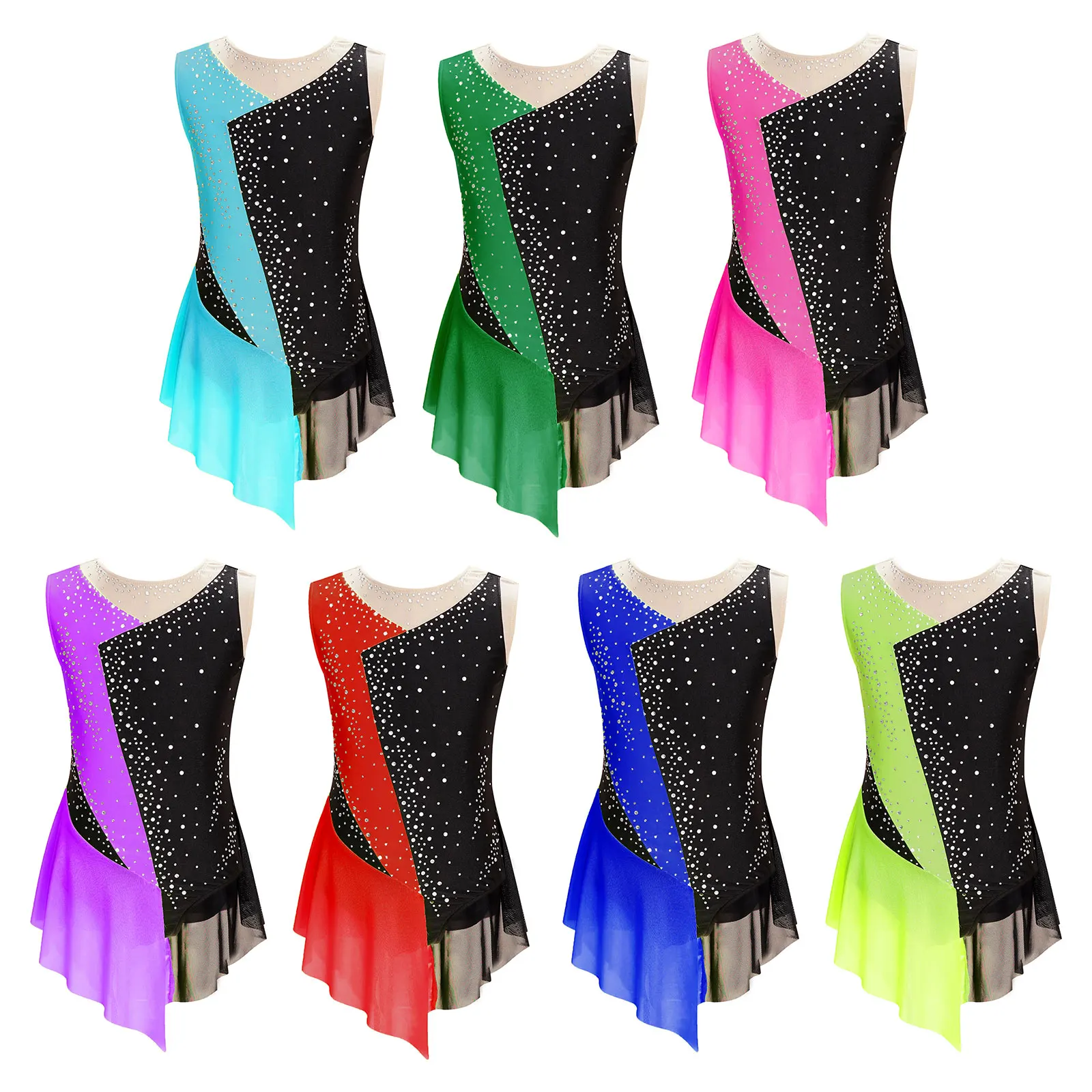 Kids Girls Sparkly Figure Ice Skating body Dress senza maniche Color Block Mesh Patchwork body Dance Ballet ginnastica Dress