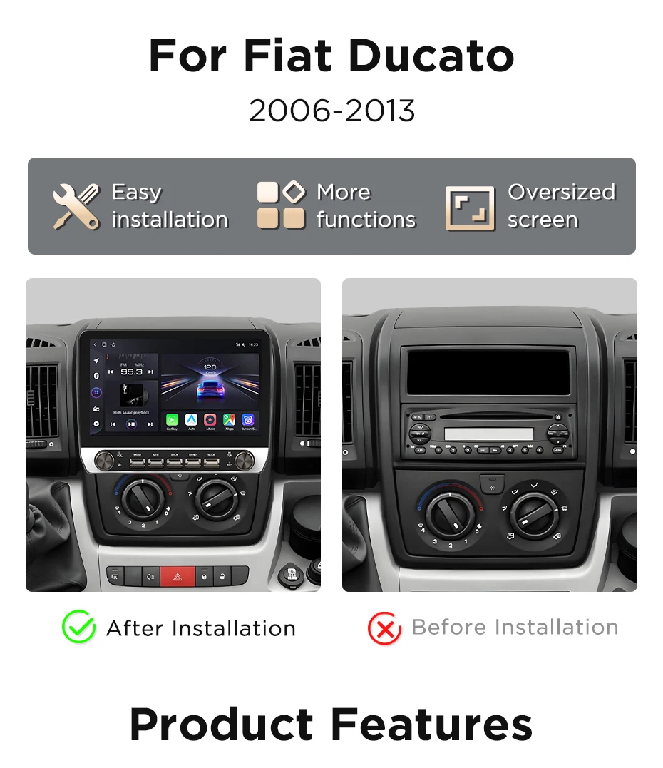 10,1" Autoradio für Fiat Ducato, Peugeot Boxer, Citroen Jumper 2006-2013, kabelloses CarPlay, Android Auto, Headunit, IPS-Touchscreen mit physischen Tasten, DSP, GPS-Navigation, RDS, BT, SWC, Plug-and-Play, 2DIN-Multimedia-Player mit zwei physischen Drehreglern – Detail 6
