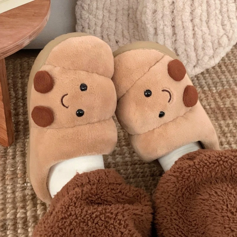

Cute Croissant Cotton Slippers For Women Men Autumn Winter House Shoes Warm Plush Anti-slip Couples Home Floor Fluffy Slides