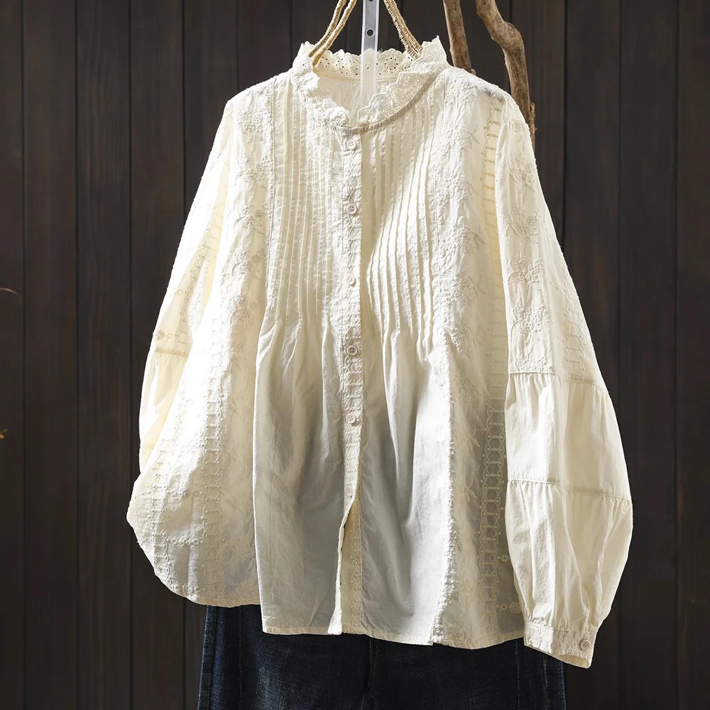 Luksusowe ubrania damskie 2026, koszule i bluzki z stójką, białe, beżowe, niebieskie, z koronką, haftowane, plisowane, z czystej bawełny, topy damskie.