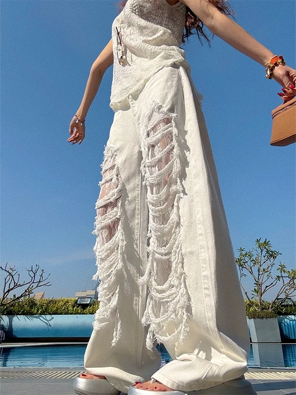 

Retro American White Hole Straight Leg Denim Pants Women Sexy Design Lace Hollow Splicing High Street Wide Leg Pants