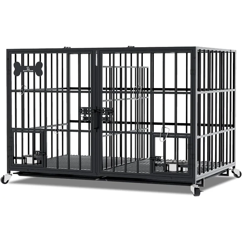 aboxoo 42 inch Heavy Duty Metal Dog Crate, All Metal Open Top Stackable,Dog Kennel Indoor with Wheels,Floor Grid, Tray, Divider