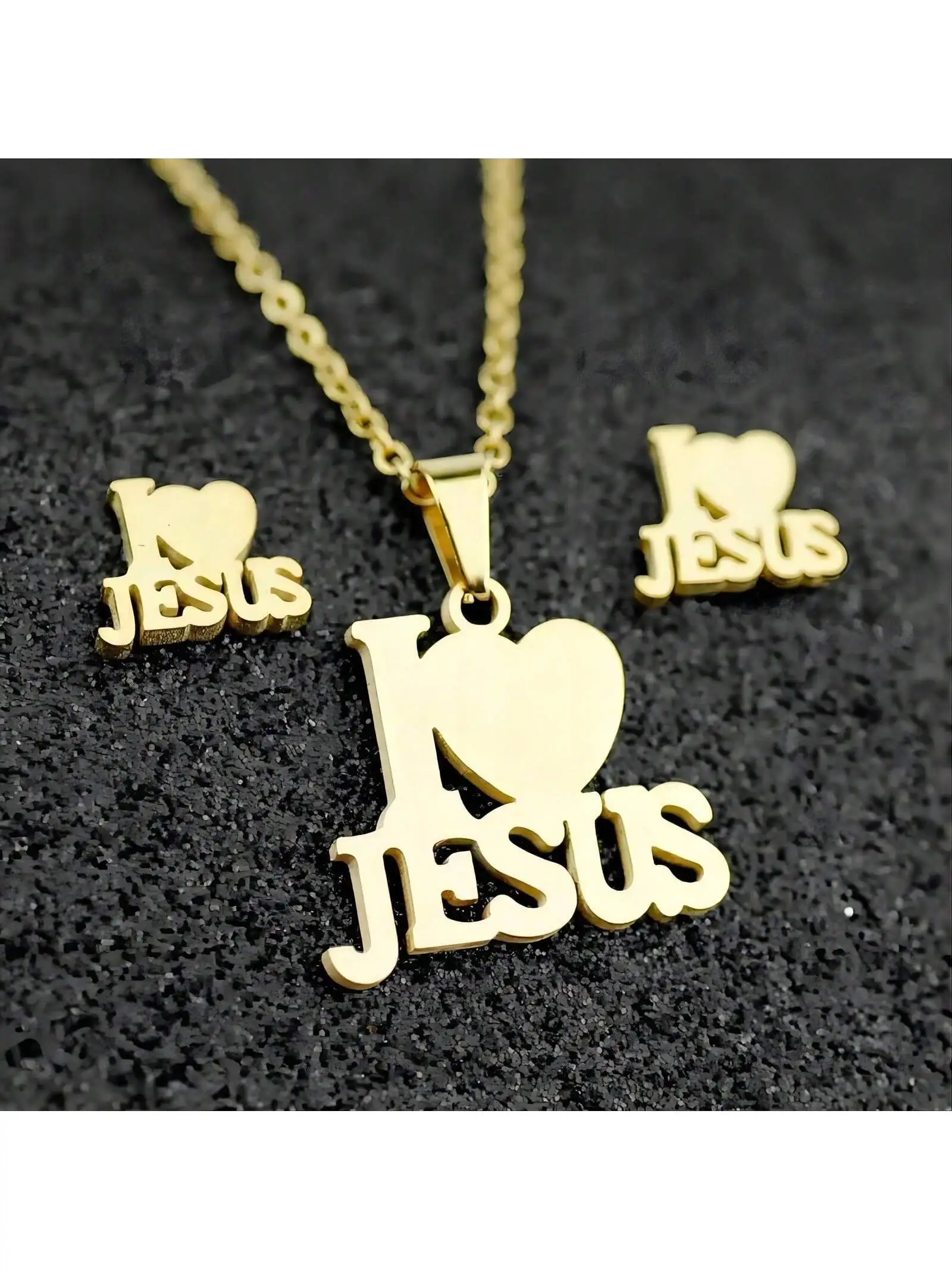 

Wis Fashion Stainless Steel Jesus Cross and Letter JESUS Pendant Necklace Set, Unisex, Heart-Shaped Letter Pendant Necklace Jewe