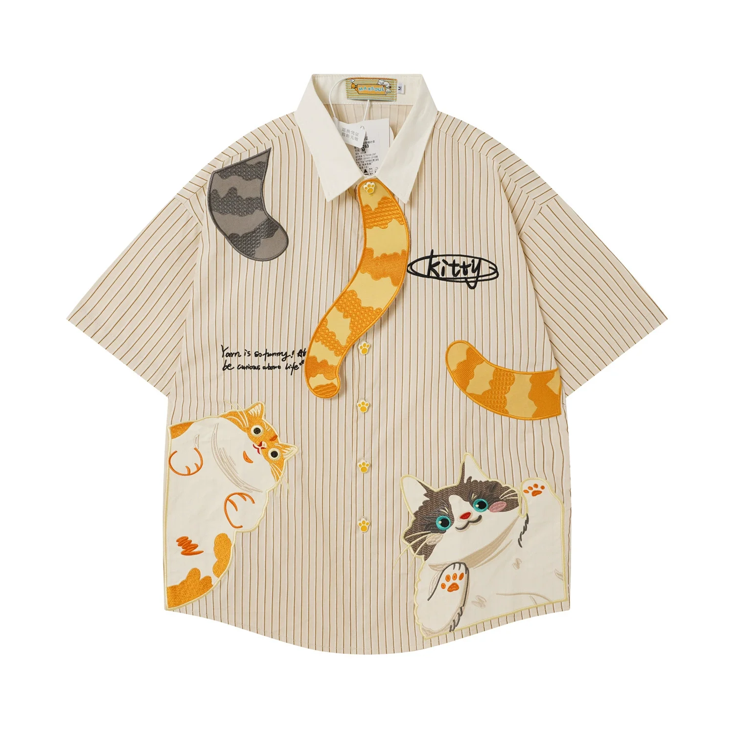 Cat Graphic Embroidery Shirts Men Japanese Harajuku Shirts Short Sleeve Button Up Blouse Unisex Y2K Oversized Striped Shirts Top