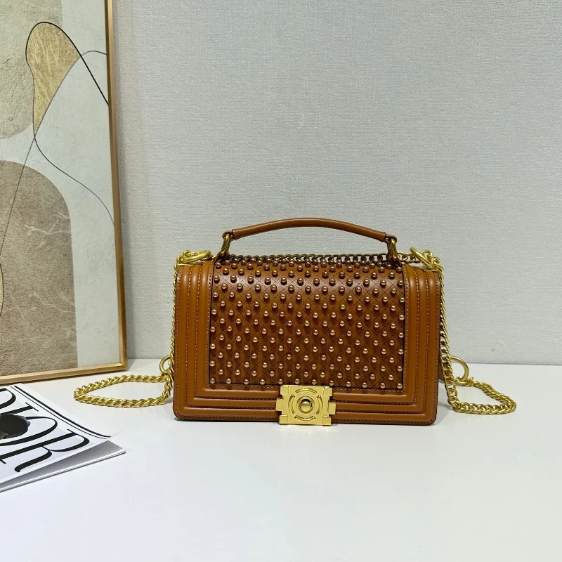 

Vintage Style Inlaid Pearls Lattice Pattern Square Bag for Women Fashion Leather Adjustable Chain Single Shoulder Crossbody Bags