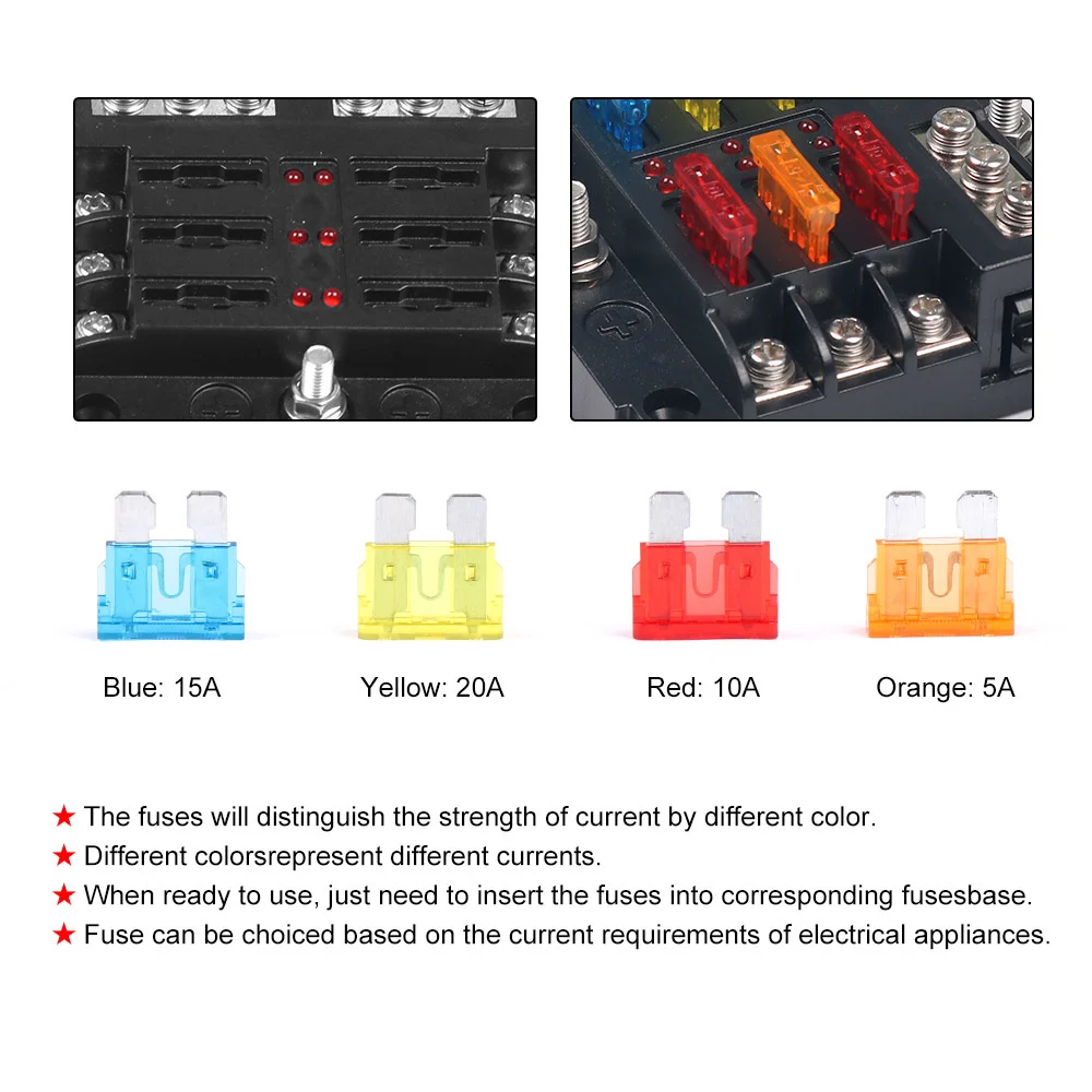 6-Way＆12-Way Car Boat Blade Fuse Box Block Holder LED Indicator 12V 32V Auto Marine Waterproof Power Distribution Panel Board