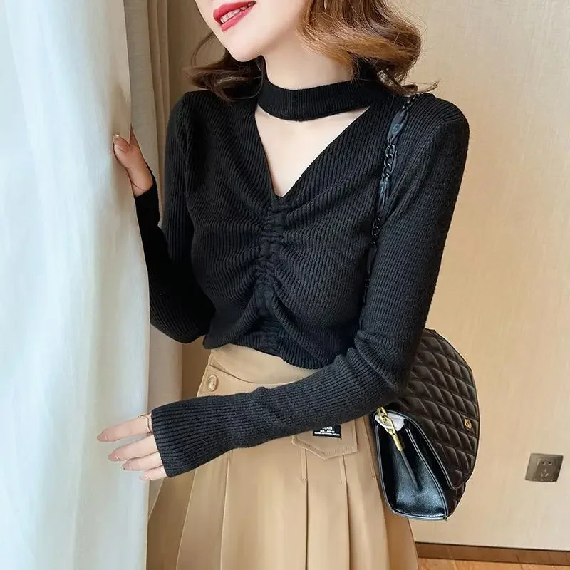 Winter Halter Hollow Out Slim Sweater Female Sexy Fashion Shirring Lace Up Knitting Top Women Casual All-match Jumpers PH198