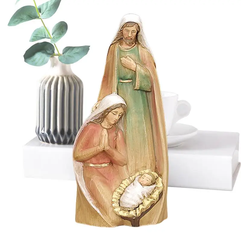 Wooden Holy Family Figure Carved Wood Jesus Nativity Scene Christmas Scene Collection Figures Sculpted Decorative Figurine