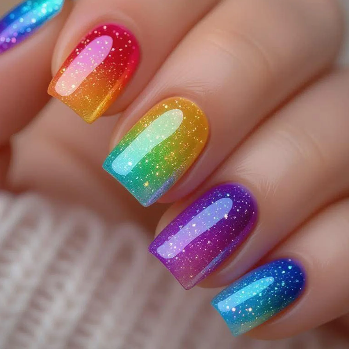 

24Pcs Short Square Head Full Cover Nails Tips Colorful Gradient Shiny Powder False Nails Detachable Finished Press on Fake Nails