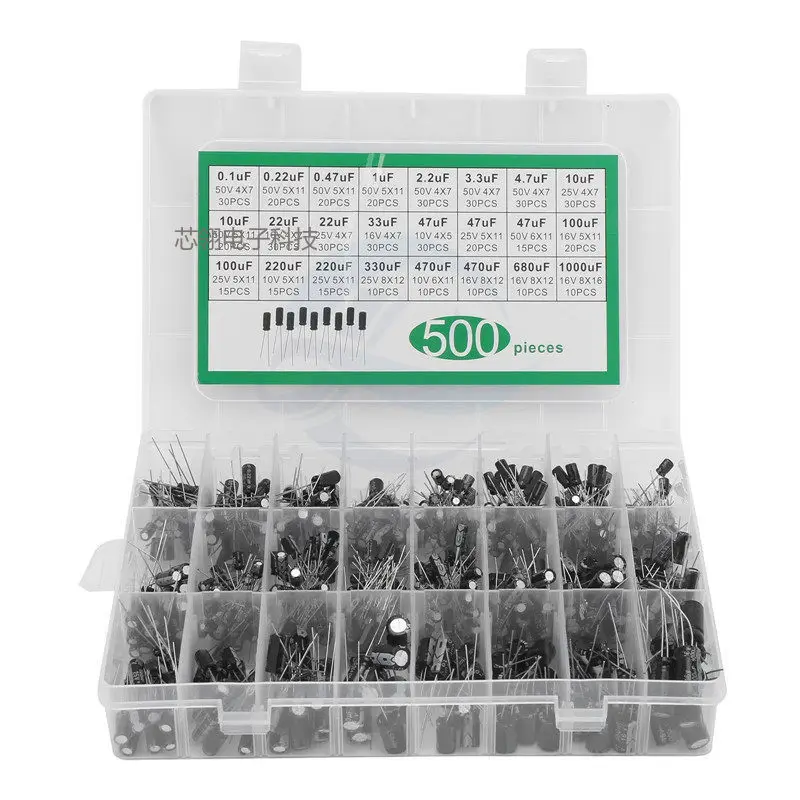 500PCS Electrolytic Capacitor Mixed DIP Electrolyte Capacitors 10V 16V 25V 50V Electronic Kit 0.1uF-1000uf 24Values Elektronika
