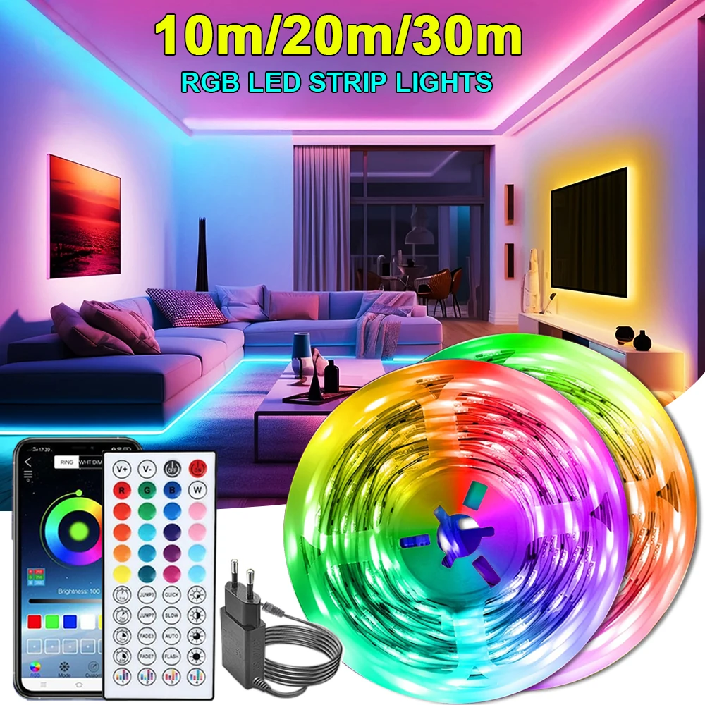 음악 동기화 RGB LED 스트립 테이프 조명, 방 홈 파티 장식, TV 백라이트, 유연한 리본, 10m, 20m, 30m