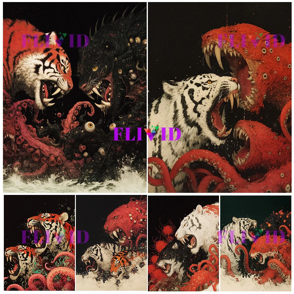 الأسطورية النمر والأخطبوط معركة الرسم على لوحات القماش الجدارية سريالية الظلام ملصق فني النمر الشرس مخالب الأخطبوط طباعة ديكور