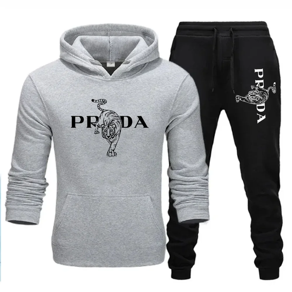 Men's and women's two-piece sportswear, hooded sweatshirt and lace up pants, running, autumn and winter sportswear