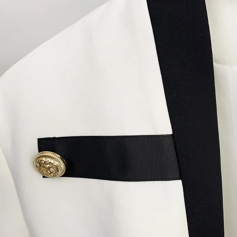 Women\'s White Black Patchwork Blazer Jacket Newest 2023 Designer Collarless Lion Buttons Female Clothing Fashion Lady Band Coats