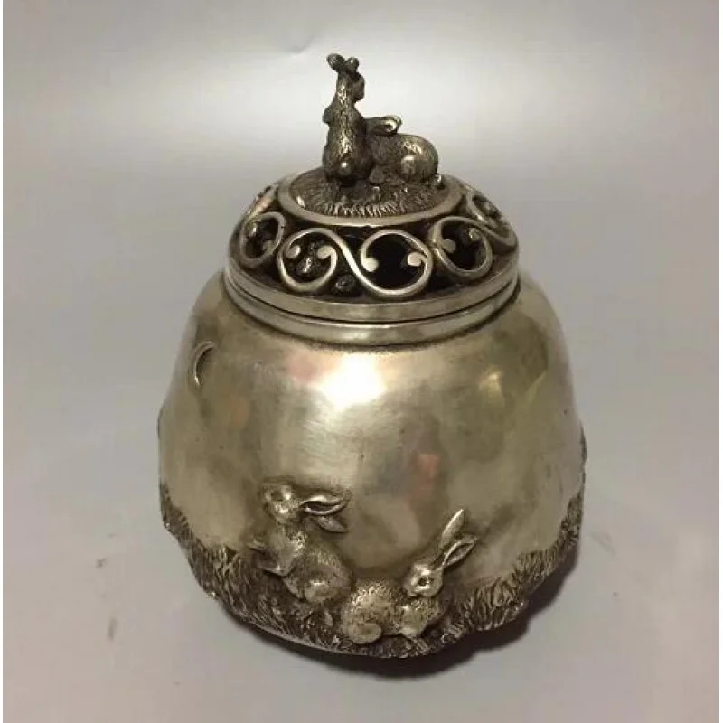 

Chinese Hand-made Tibet Silver Sculpture Small White Rabbit Incense Burner Censer Zodiac Animal Statue Home Decoration