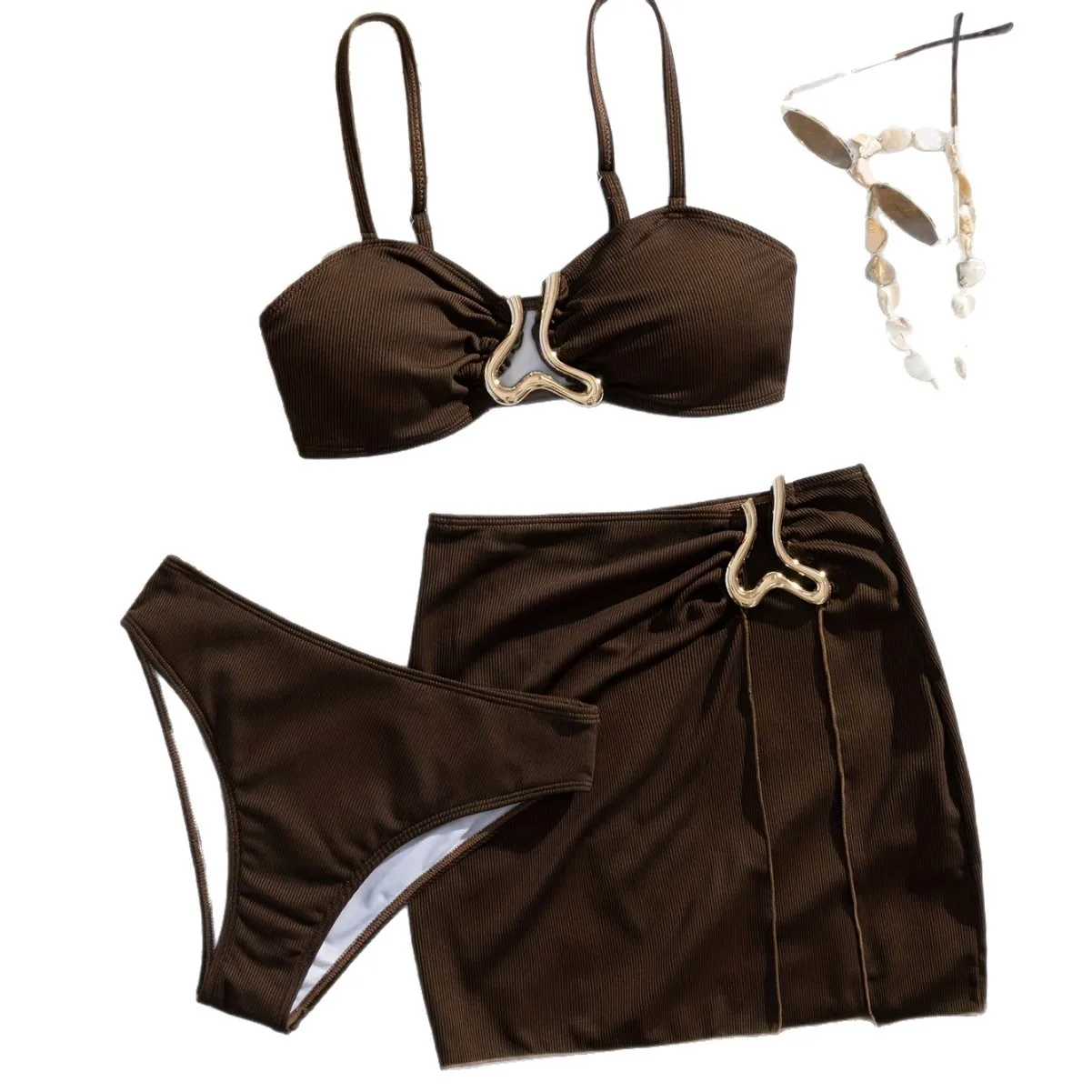Sexy Detachable Shoulder Bikini Set Women Brown Metal Push Up High Waist Swimsuit 2026 Beach Bathing Suit Skirt 3 Piece Swimwear view 5