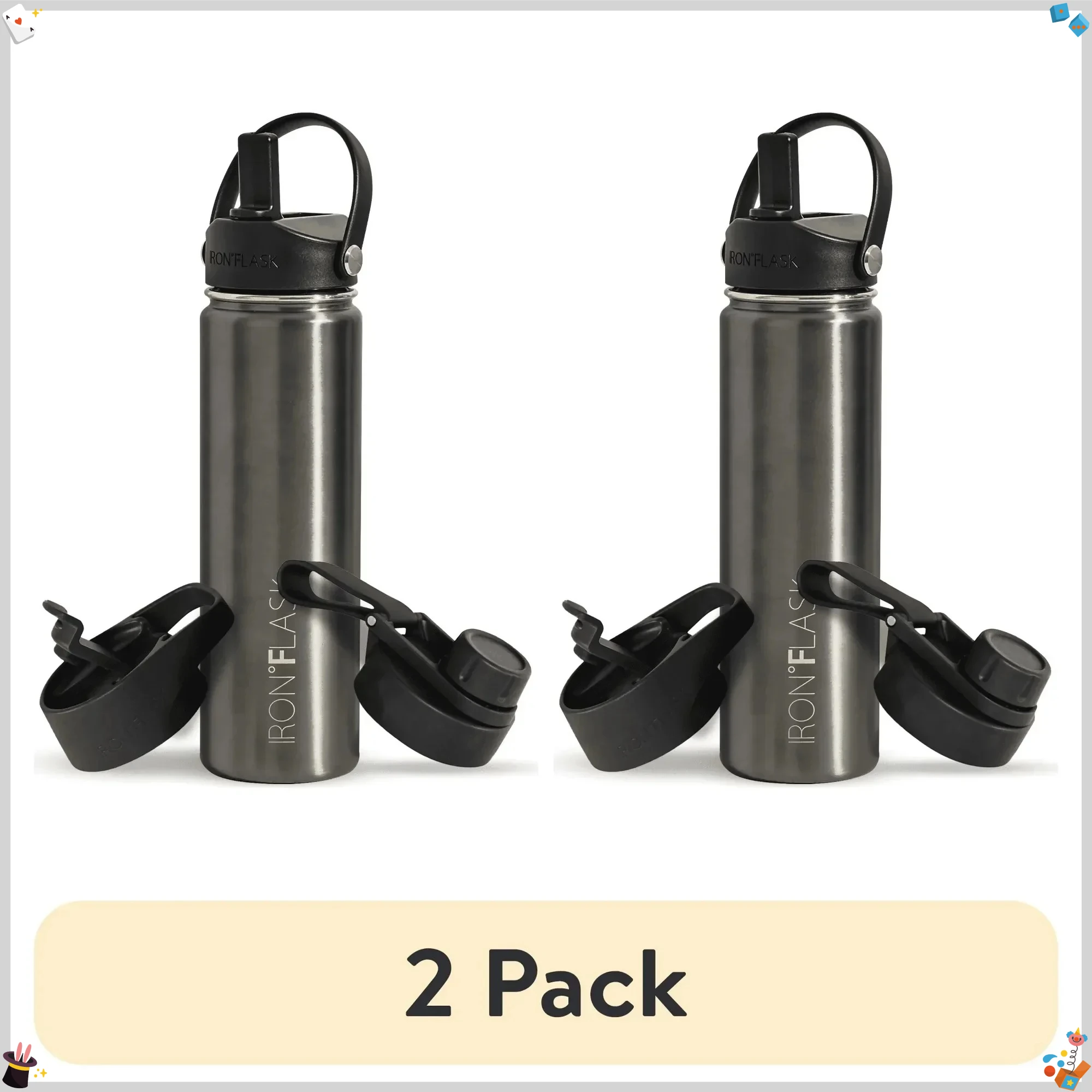 

2 упаковки бутылок для воды из нержавеющей стали емкостью 22 унции, металлический черный с вакуумной изоляцией и 3 крышками, герметичные для спортзала и пеших прогулок