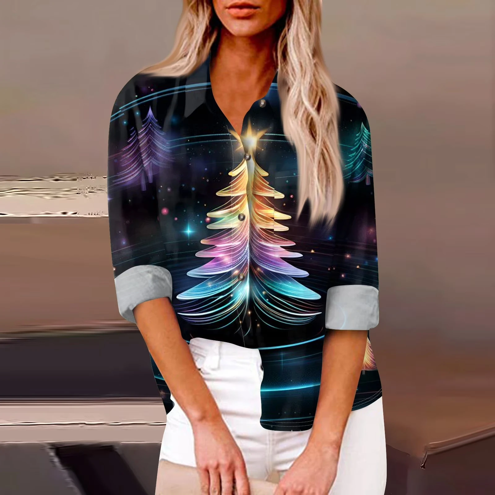 

Women's Christmas Tree Gift Long Sleeve Shirt Lapel Button Christmas Theme Party Shirt