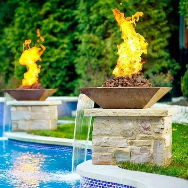 Gas Outdoor Firepit With Water Feature Low Smoke Square Corten Steel Fire Pit And Water Bowl For Swimming Pool