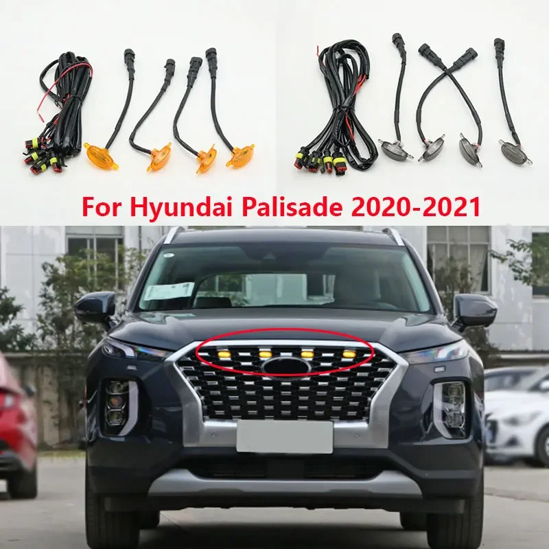 4PCS/Set For Hyundai Palisade 2020 2021 Front Grille LED Light Amber Running Lights Raptor Style Grill Car Lamp Kit