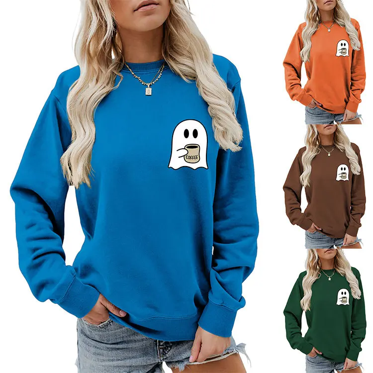 

Autumn women's hoodie ghost drink water simple printed top fashion loose crew neck hoodie casual long sleeve hoodie jumper