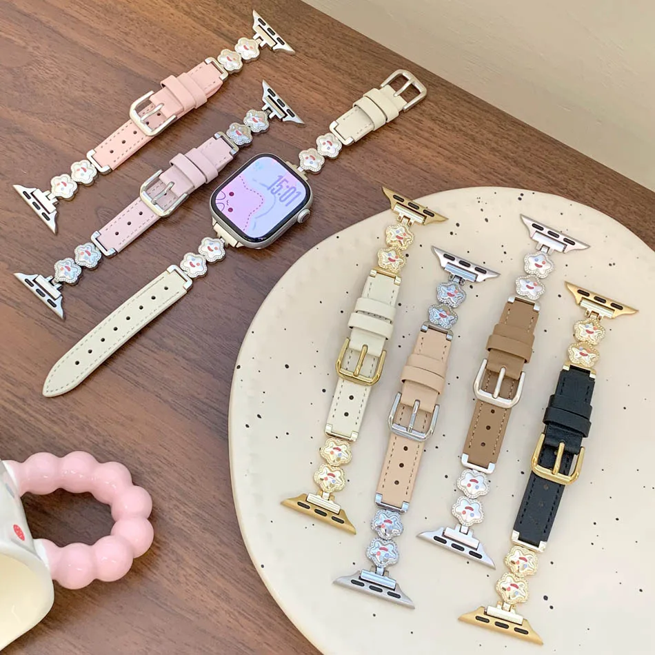 سوار ساعة Smiley Star لساعة Apple Iwatch Series 11 10 9 8 7 6 5 4 3 2 SE Ultra Leather Watch Band 38 مم 40 مم 41 مم 42 مم 44 مم 45 مم 46 مم 49 مم سوار أنيق للنساء