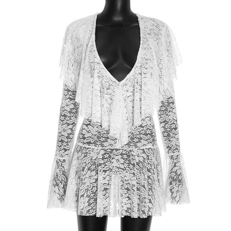 Absobe otoño nuevas mujeres Sexy pura encaje profundo V volantes A-Line Mini vestido de manga larga detalle fruncido fiesta noche Club traje 2025