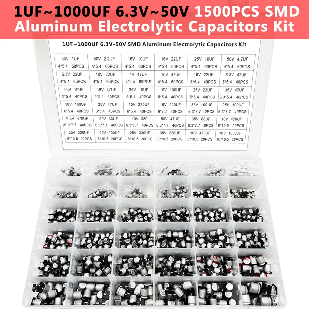 

1500PCS SMD Aluminum Capacitor 1UF~1000UF 6.3V-50V 36 Kinds of SMD patch Aluminum Electrolytic Capacitor combination Kit