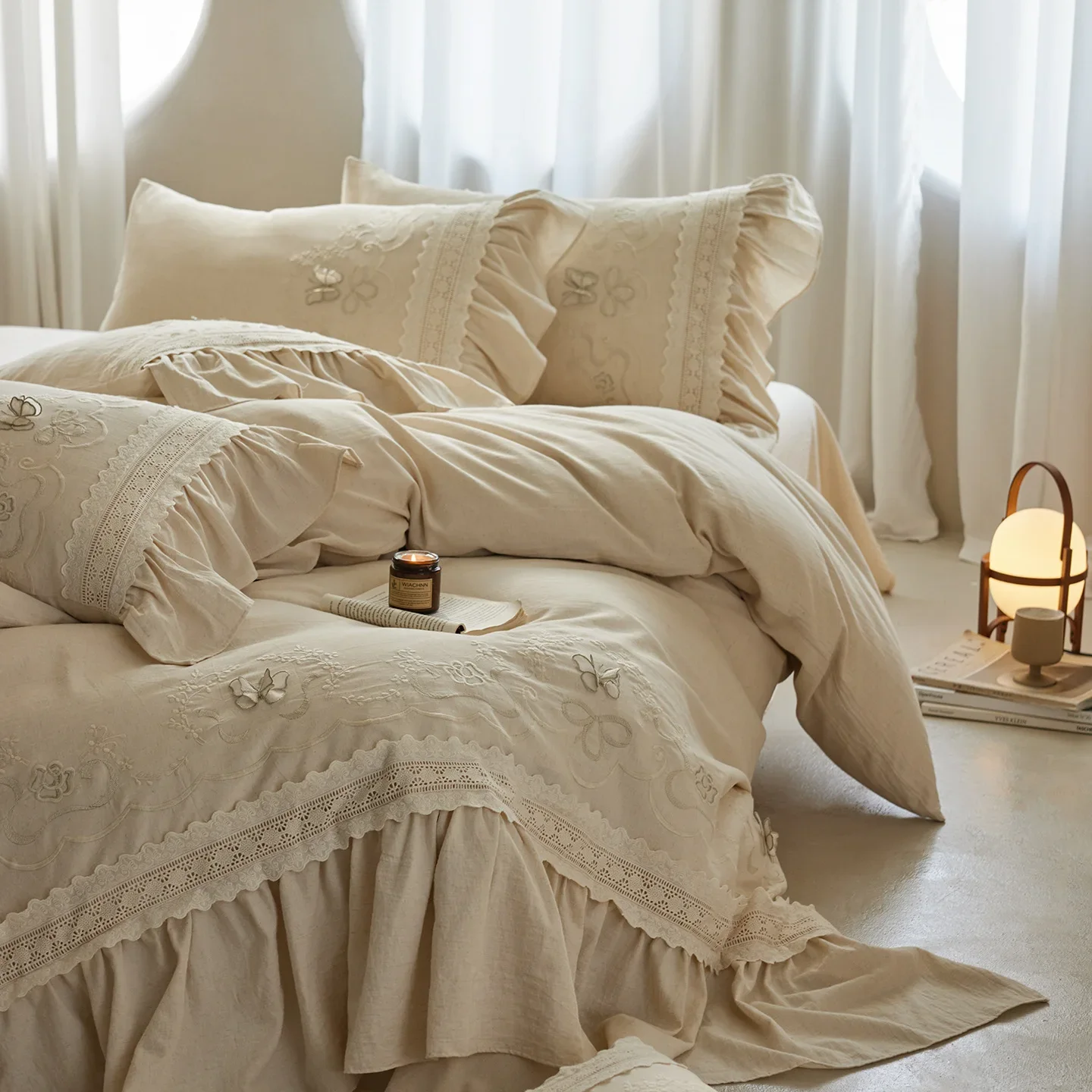 French natural color undyed cotton and linen embroidery handmade flower girl heart lace bedding four-piece four-season bedding