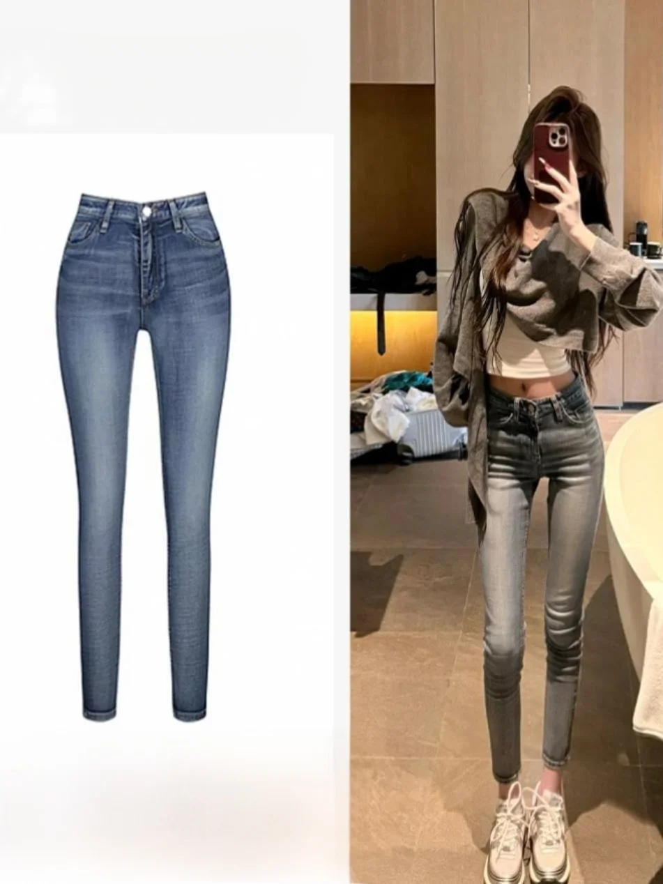 

Retro Washed Slim Fit High Waist Denim Jeans Women's Cotton Stretch Fabric Jeans Casual Style Zipper Closure Fall Season