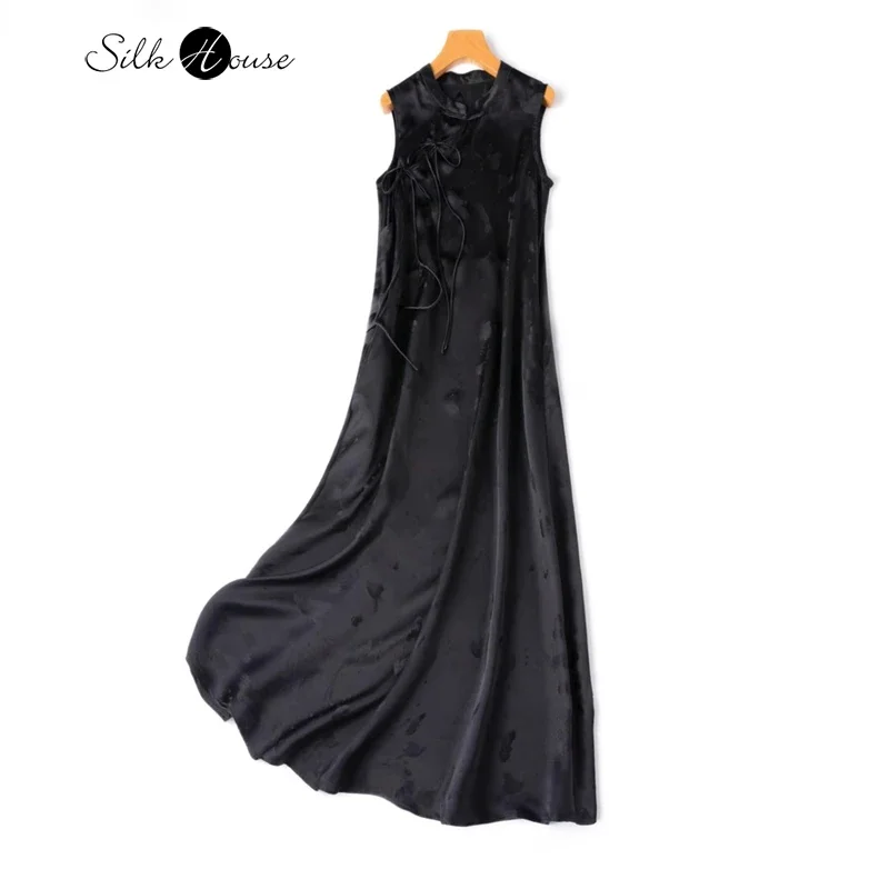 

2024 Women's Fashion New 100% Natural Mulberry Silk Jacquard Satin Extended Black Temperament Tank Top Dress