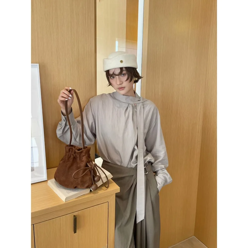 Vintage Leopard Print Drawstring Fashion Bucket Women's Early Autumn Pleated Single Maillard Suede Shoulder Messenger Bag Tide