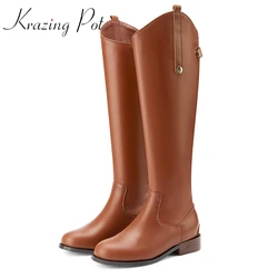 Krazing Pot Large Size Genuine Leather Round Toe Med Heel Riding Boots Young Lady Streetwear Handsome Cozy Thigh High Boots Lxf3