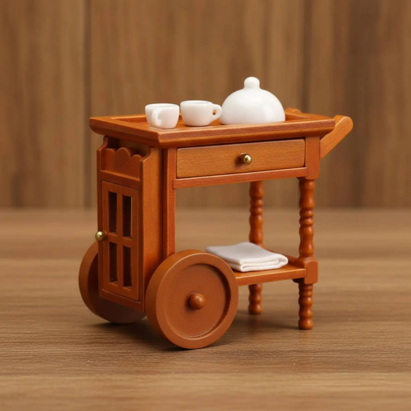 

1:12 Dollhouse Handcart with Wheels Dollhouse Serving Handcart Vintage Restaurant Handcart for Model Hobbyists